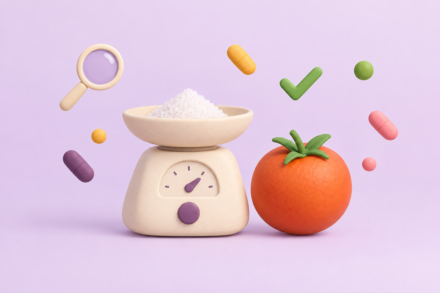 A kitchen scale with a small mound of seasoning crystals next to a tomato