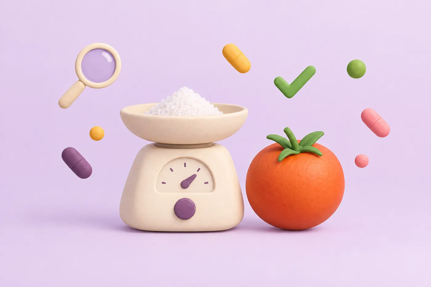 A kitchen scale with a small mound of seasoning crystals next to a tomato