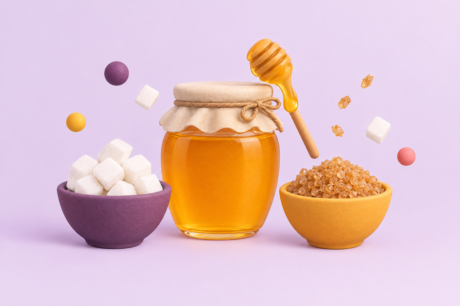 Honey, white sugar cubes and raw brown sugar arranged side by side