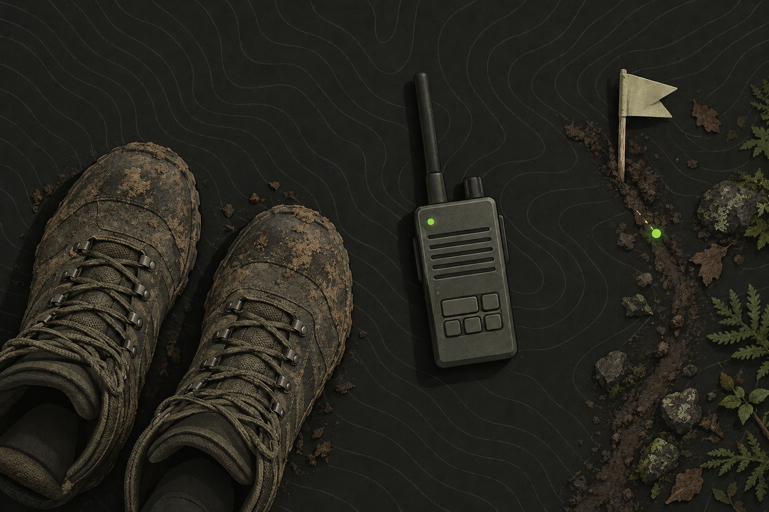 Boots and a handheld radio on a forest trail marked with a small flag