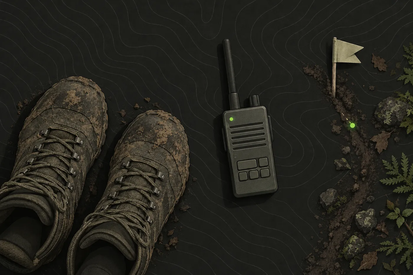 Boots and a handheld radio on a forest trail marked with a small flag