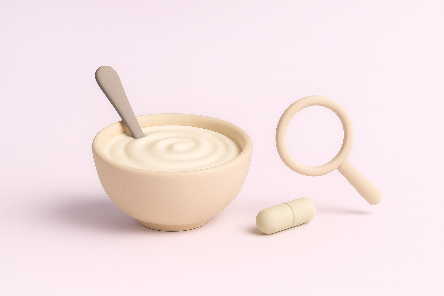 A bowl of yogurt beside a blank capsule and a magnifying glass