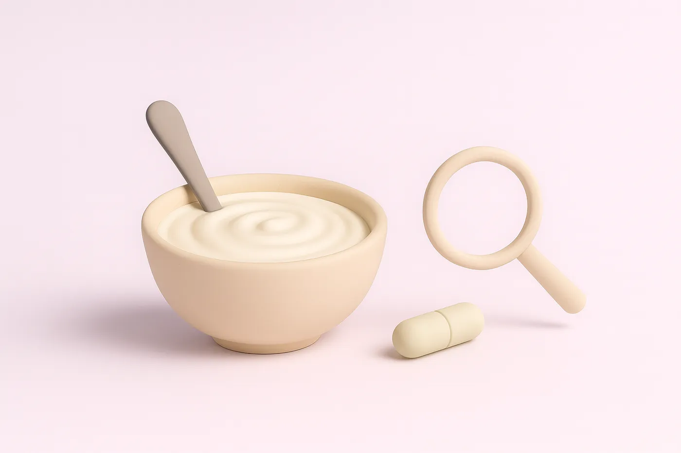 A bowl of yogurt beside a blank capsule and a magnifying glass