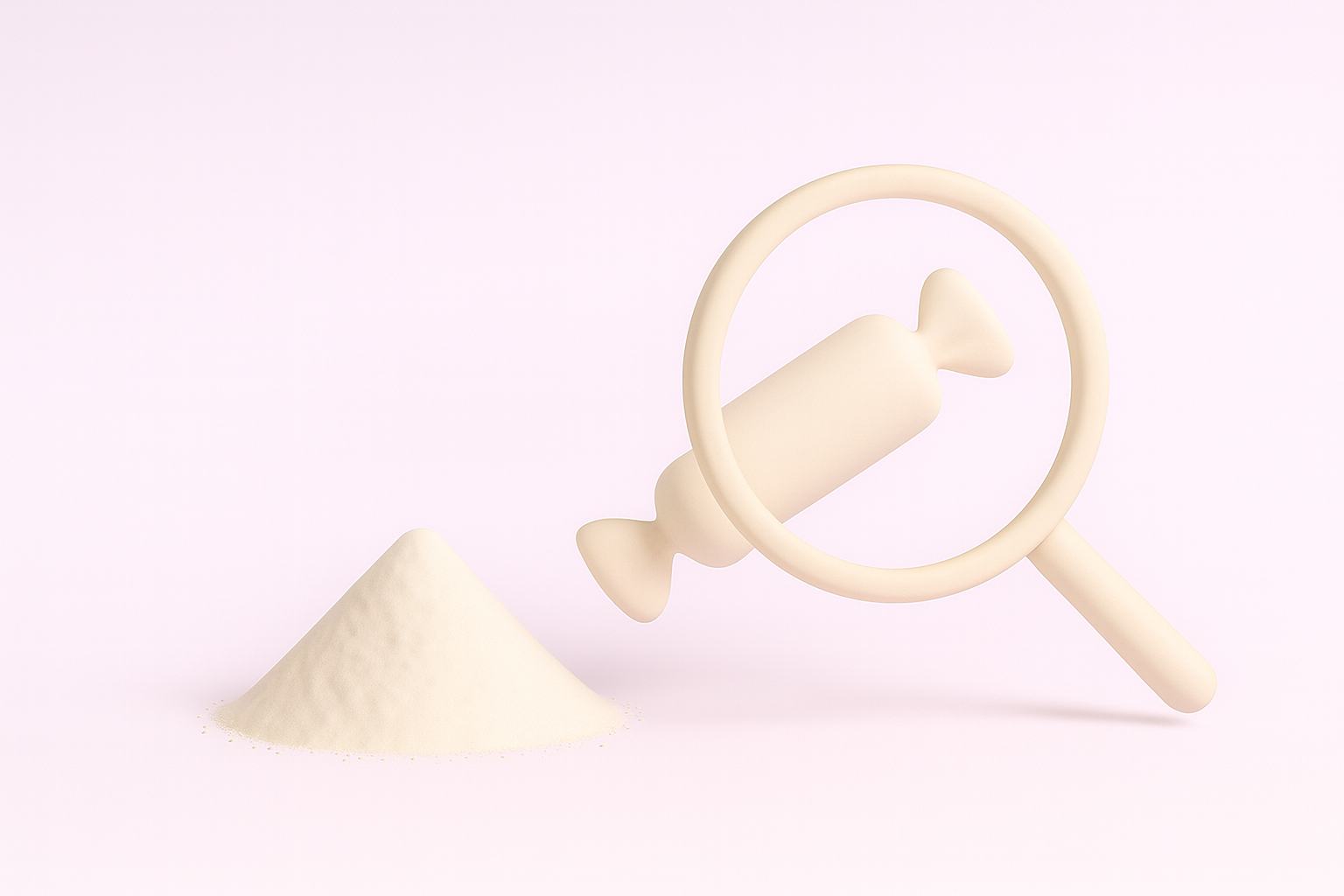A small pile of white powder beside a wrapped candy and a magnifying lens