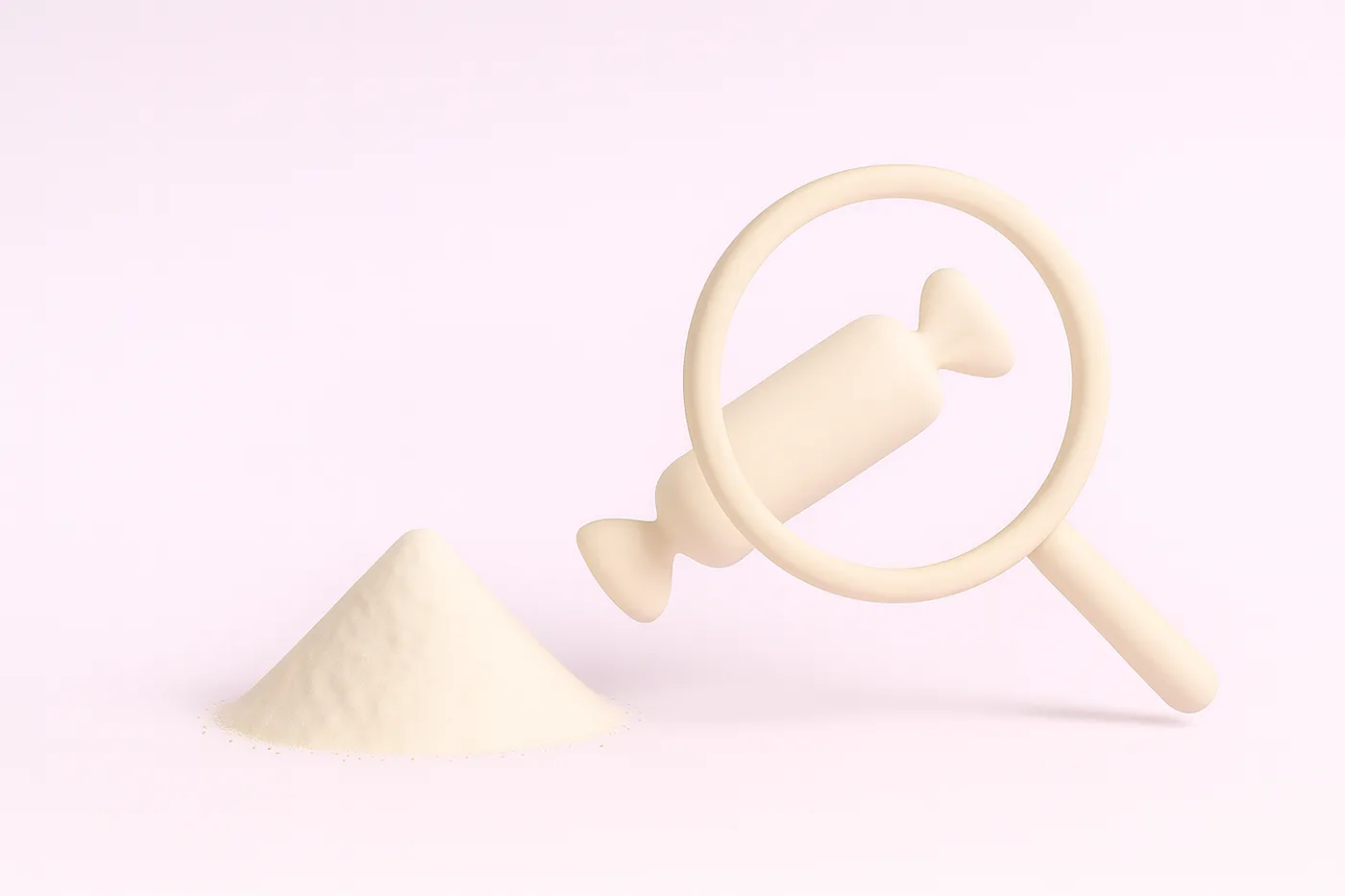 A small pile of white powder beside a wrapped candy and a magnifying lens