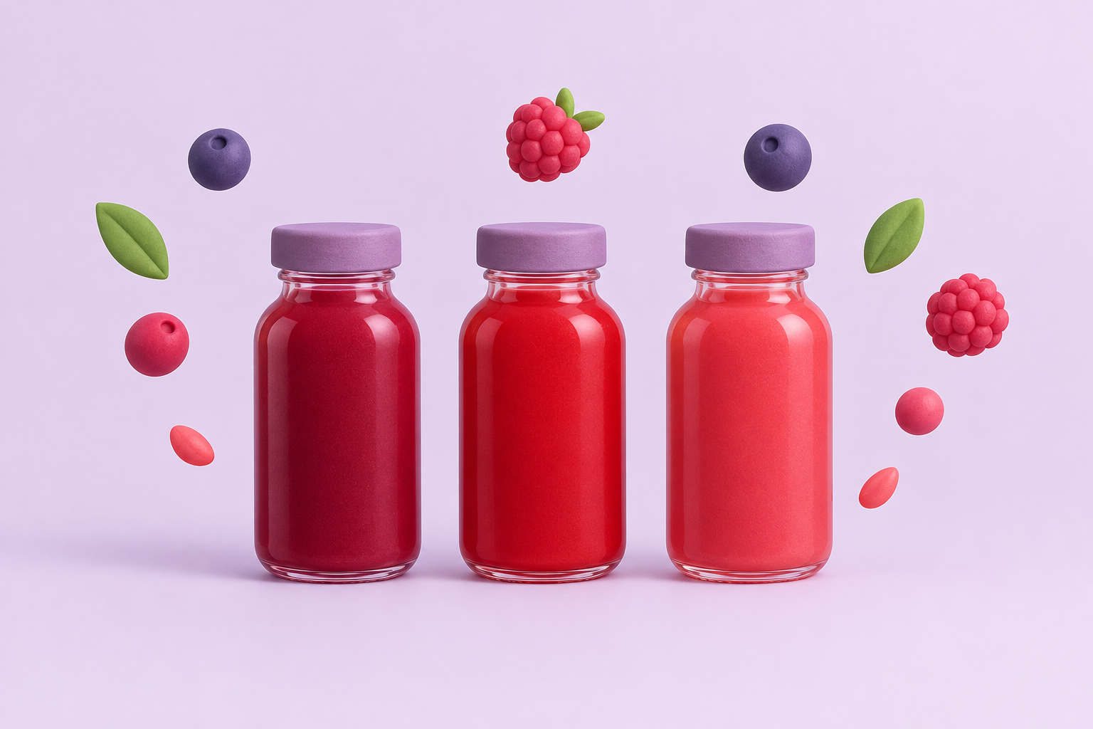 Three bottles with different shades of red liquid