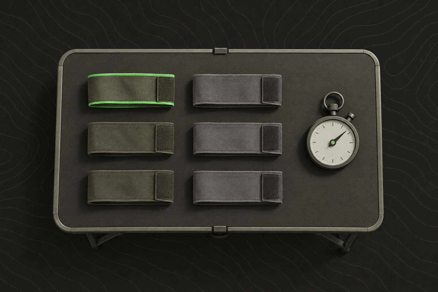 Two sets of team armbands laid out on a folding table next to a stopwatch