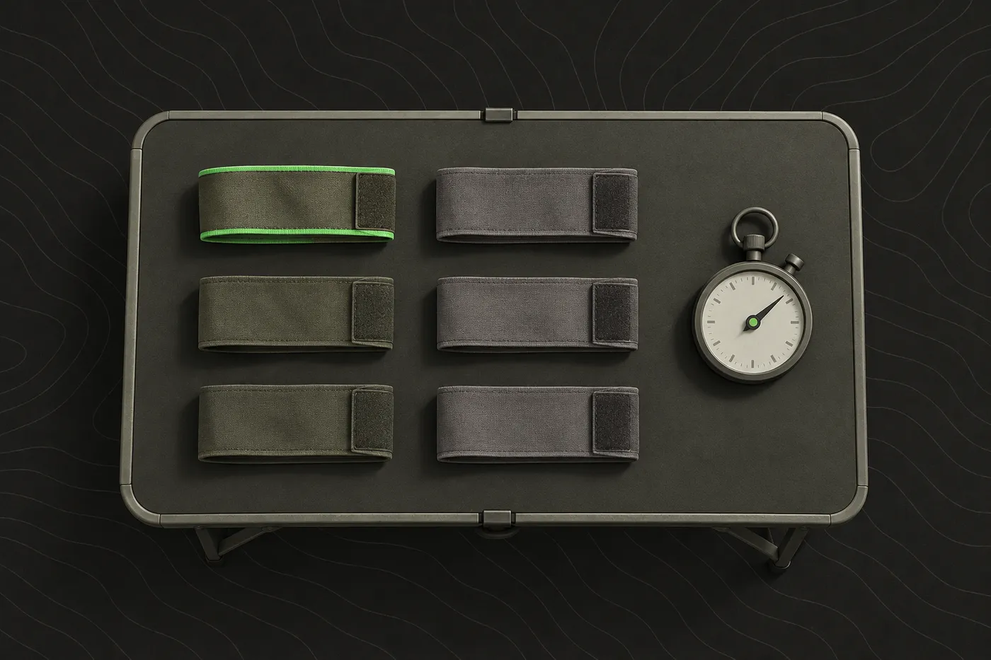 Two sets of team armbands laid out on a folding table next to a stopwatch