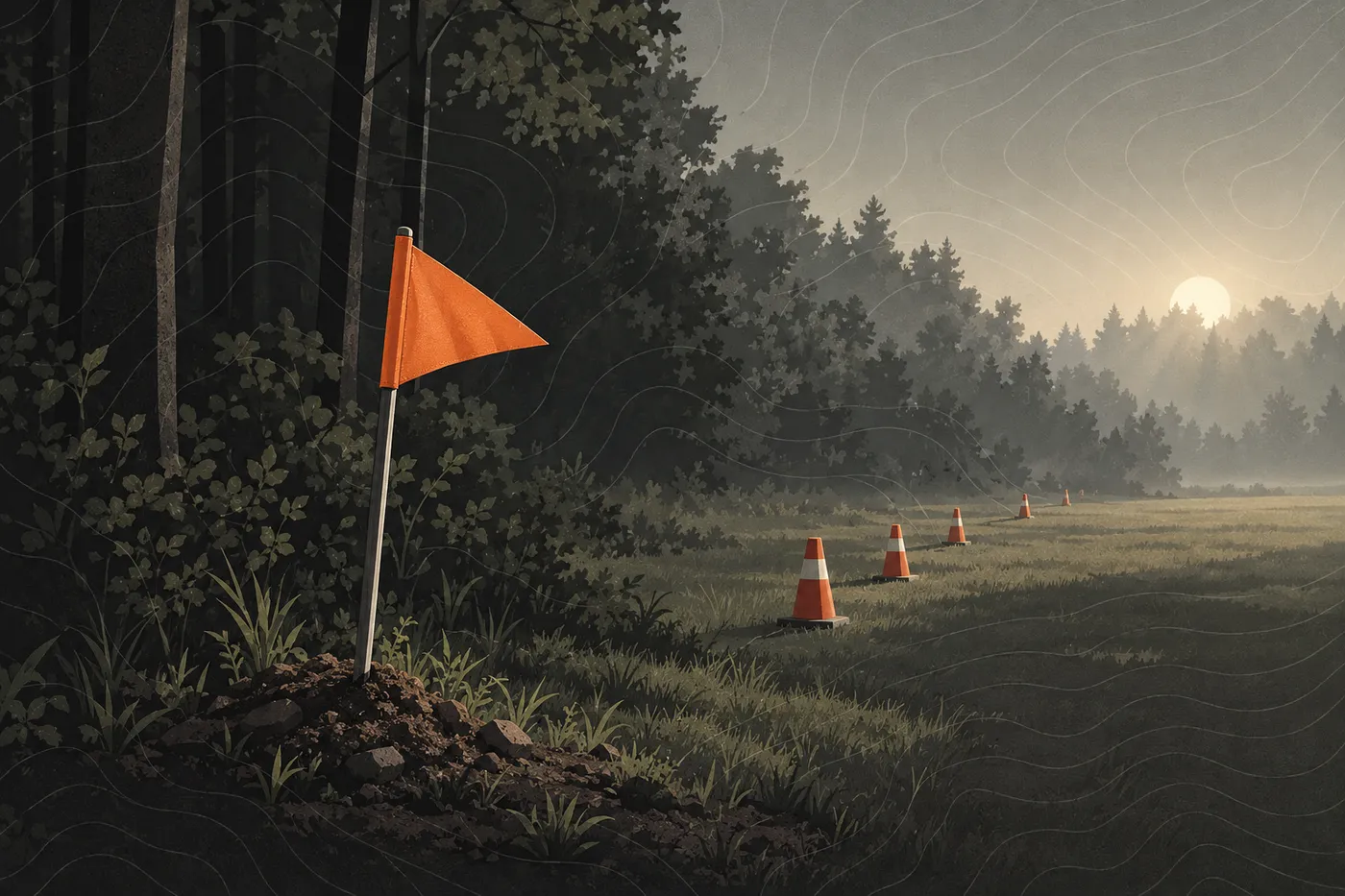 A marker flag planted at the edge of a wooded airsoft field
