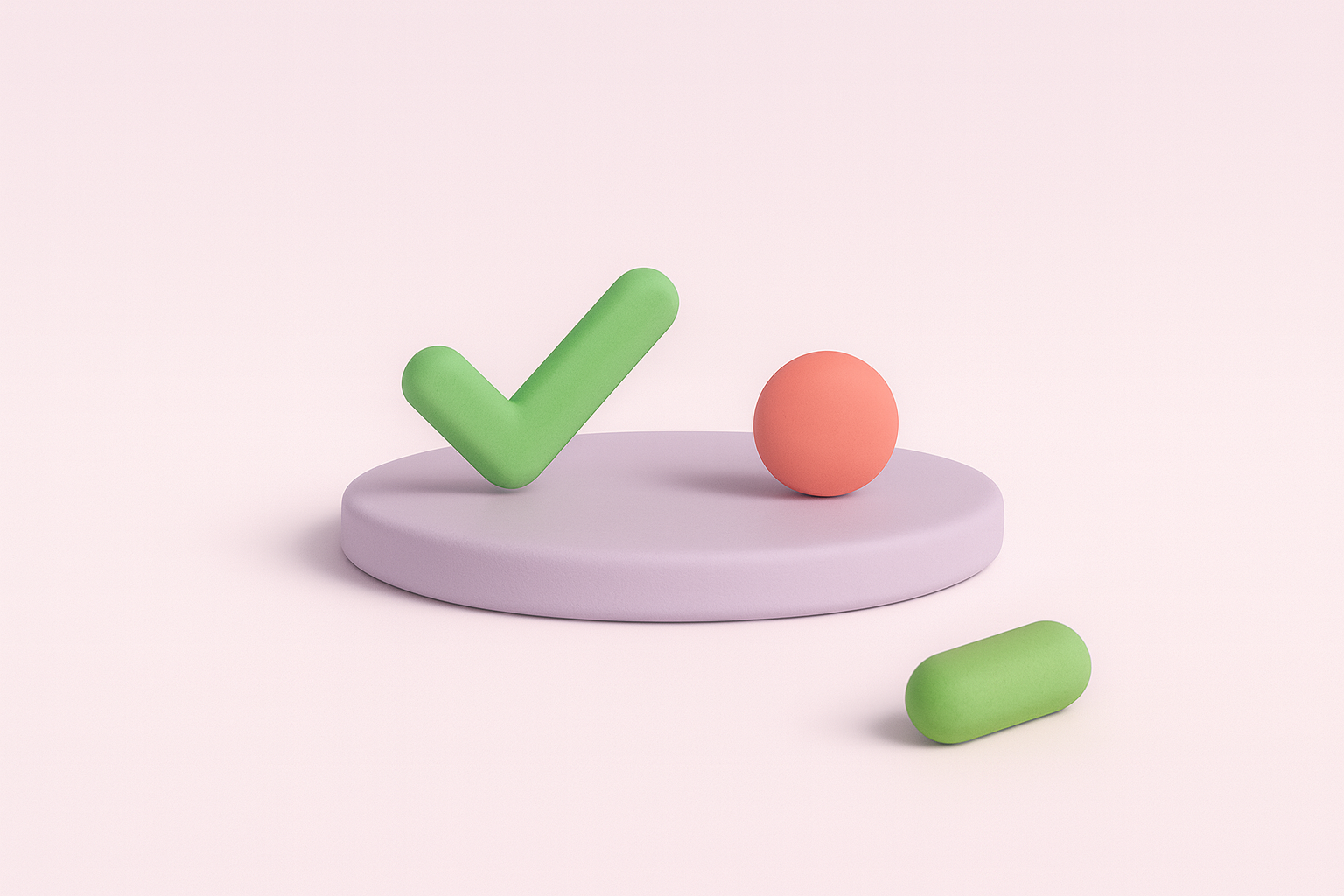 A checkmark and a warning symbol resting on a small tray beside a capsule shape
