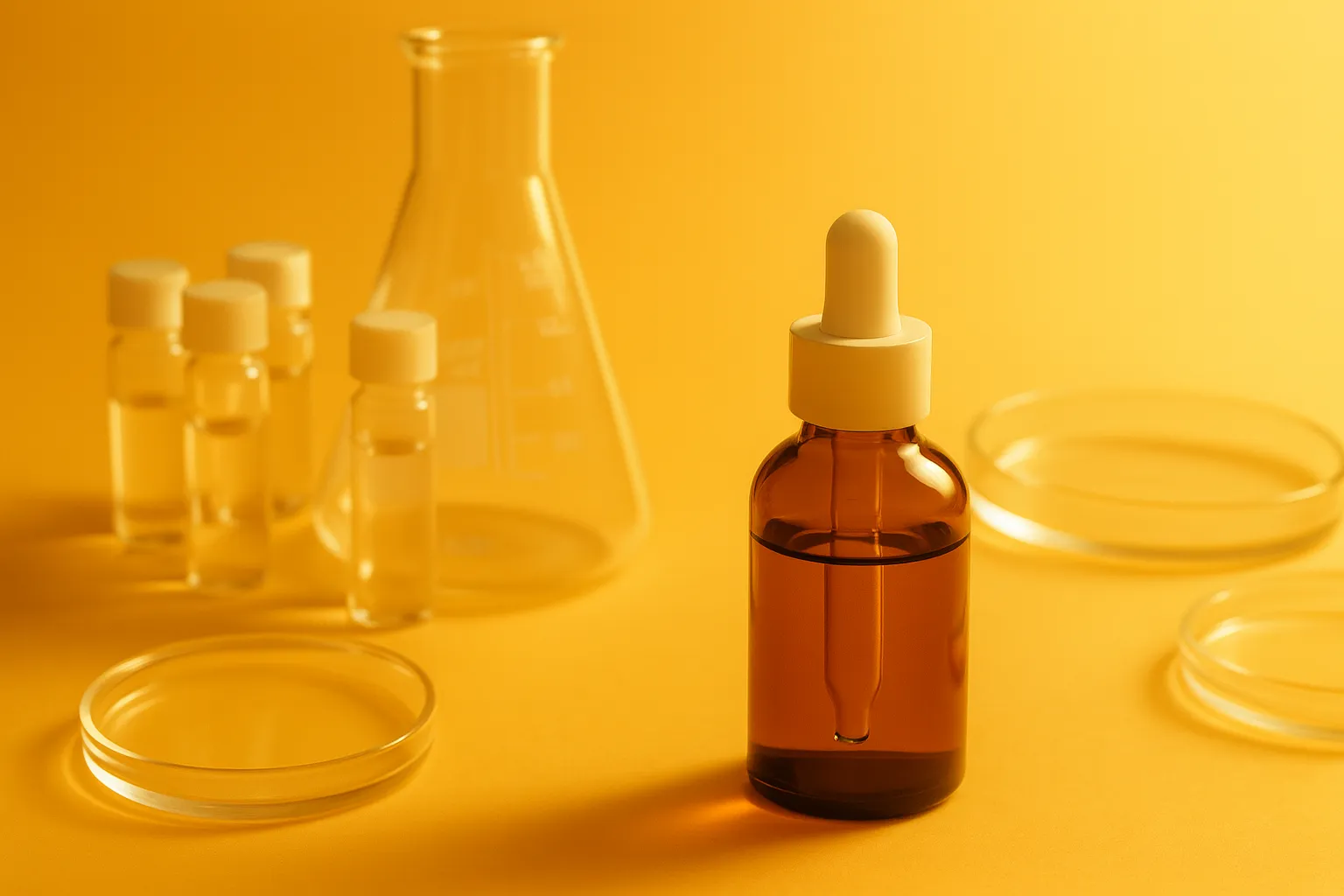 One skincare bottle set apart from a much larger group of laboratory vials, illustrating one human trial against a larger body of preclinical studies