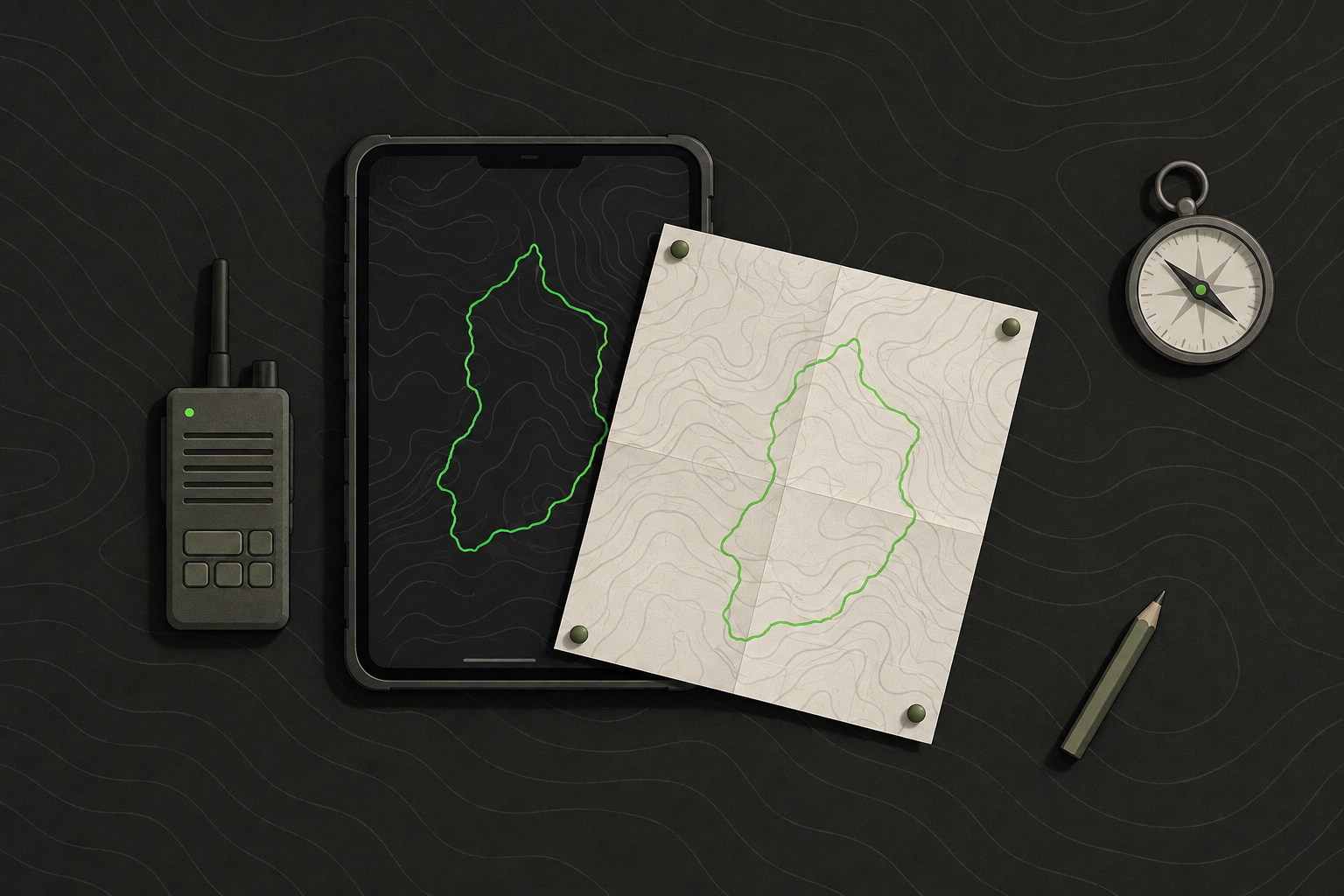 A printed field map pinned over a tablet showing the same area as a digital map, with a green boundary on both