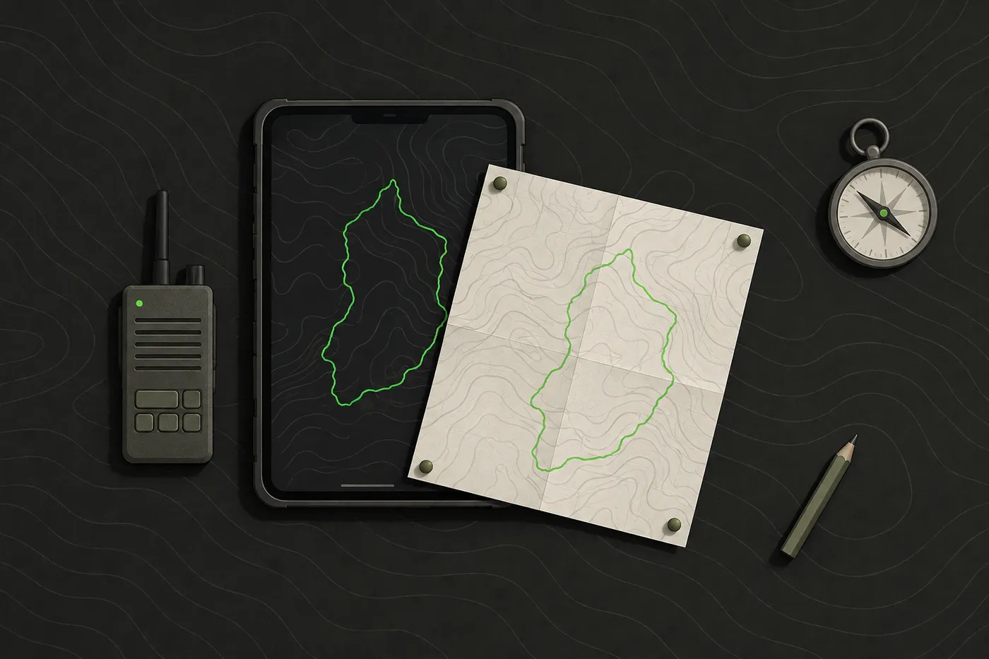 A printed field map pinned over a tablet showing the same area as a digital map, with a green boundary on both