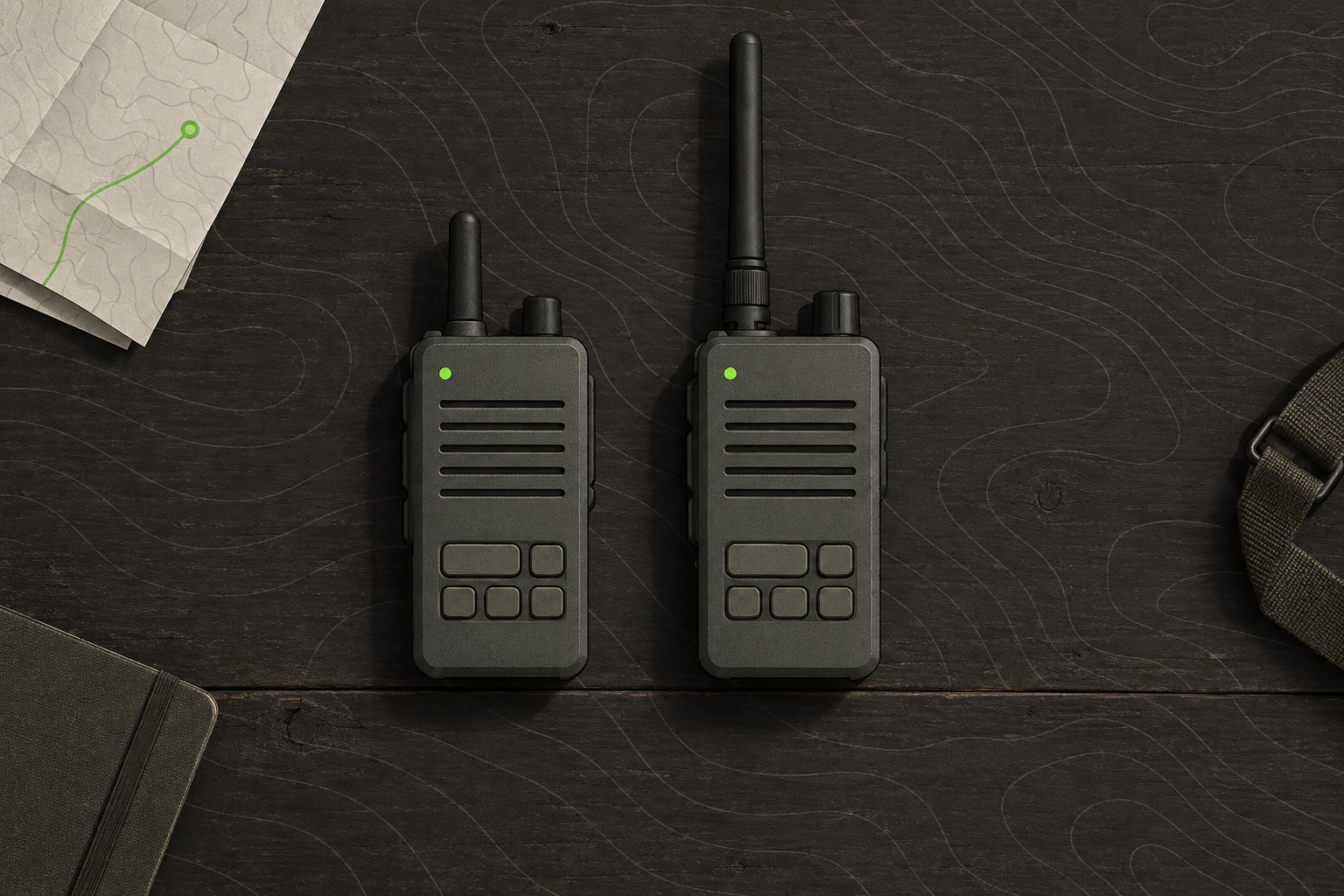 Two handheld radios side by side, one with a short fixed antenna and one with a longer detachable antenna