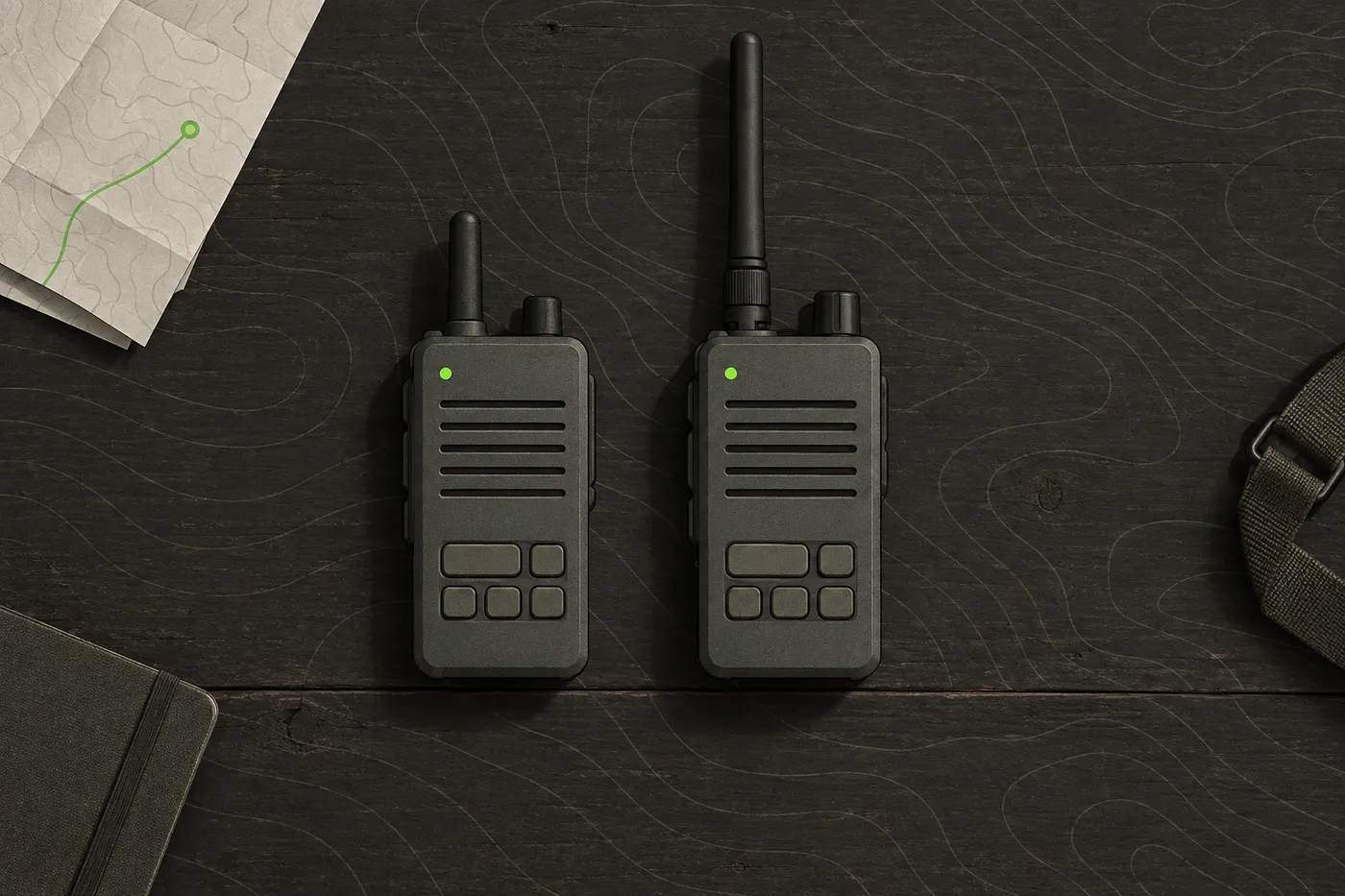 Two handheld radios side by side, one with a short fixed antenna and one with a longer detachable antenna