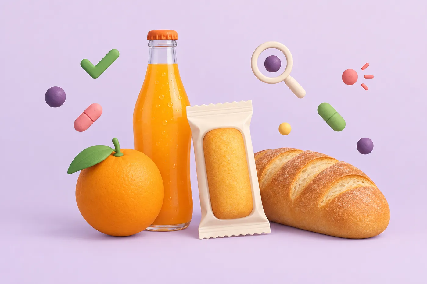 A soda bottle and wrapped snack cake beside a whole orange and loaf of bread