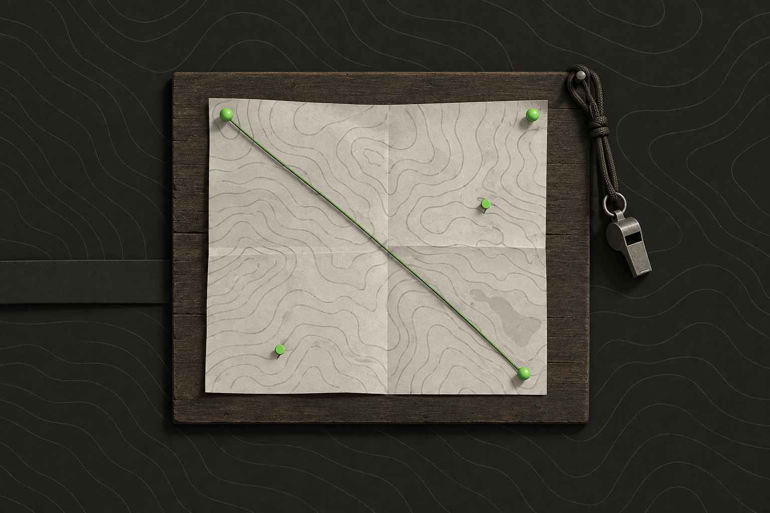 A printed game map pinned to a board with green pushpins and a marshal's whistle hanging from the corner