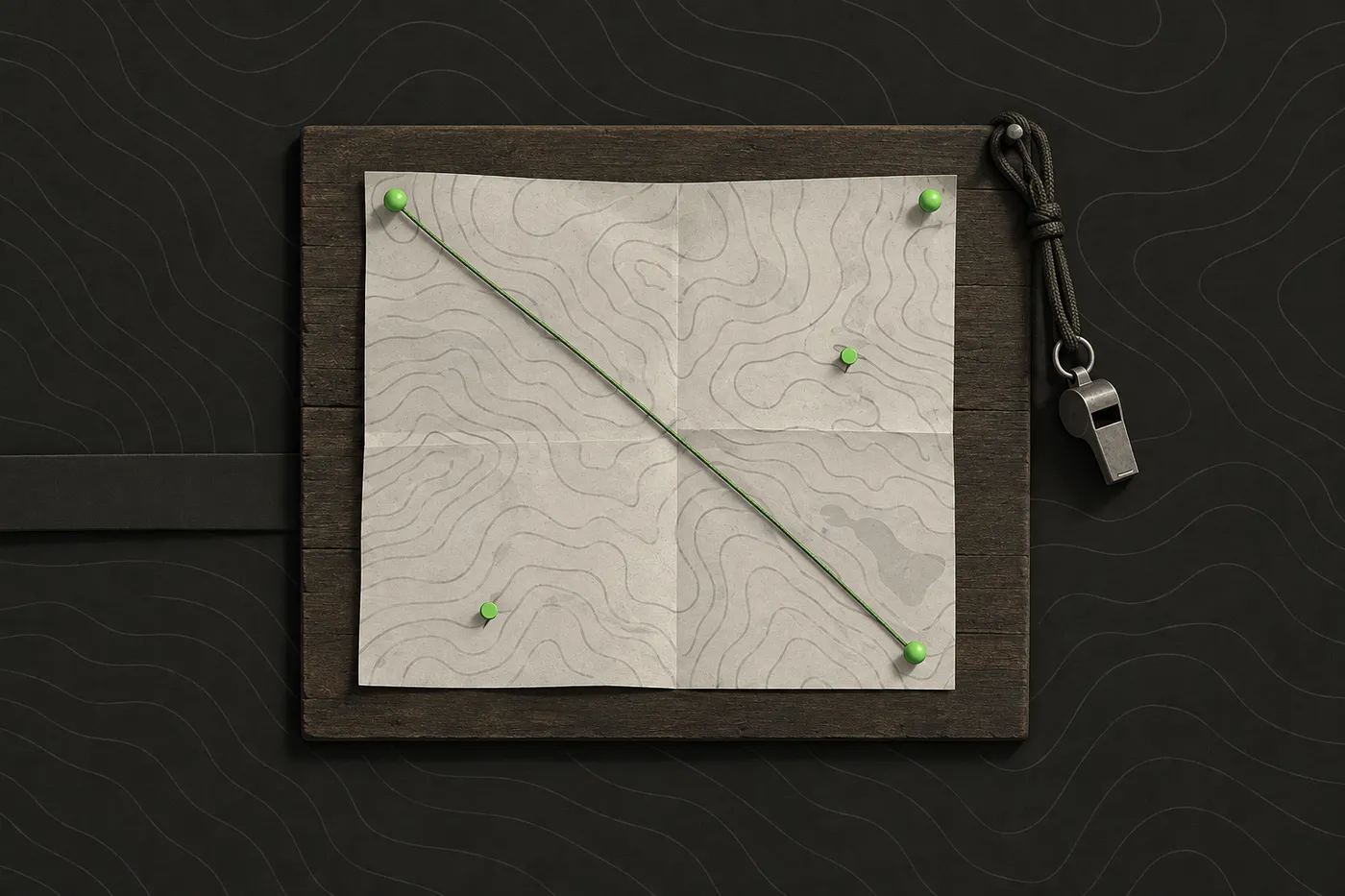 A printed game map pinned to a board with green pushpins and a marshal's whistle hanging from the corner