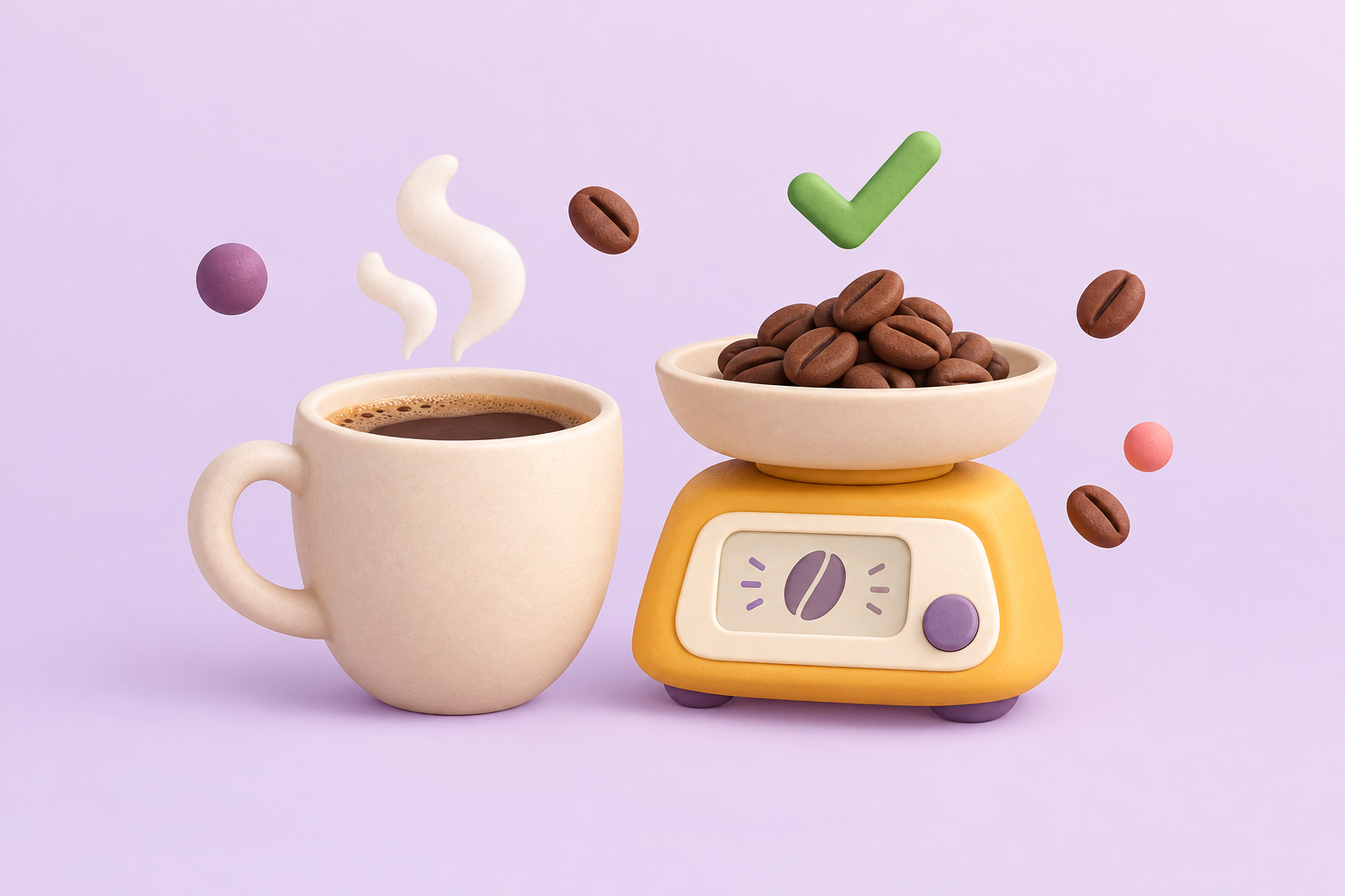 A coffee cup beside a small scale showing a dose symbol