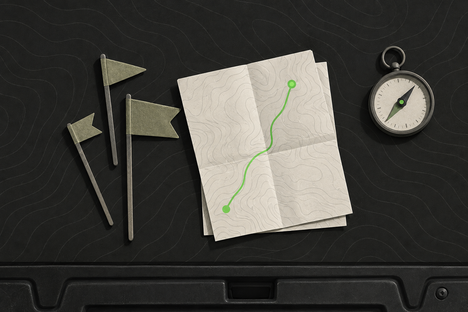 Blank field signage posts and a folded map on a vehicle tailgate at a game-day staging area