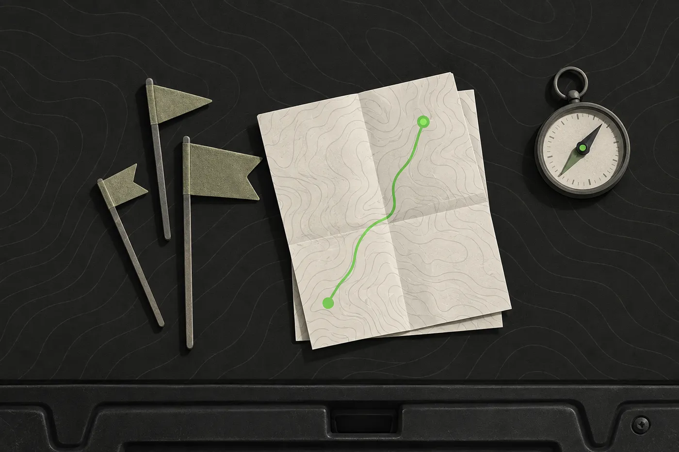 Blank field signage posts and a folded map on a vehicle tailgate at a game-day staging area