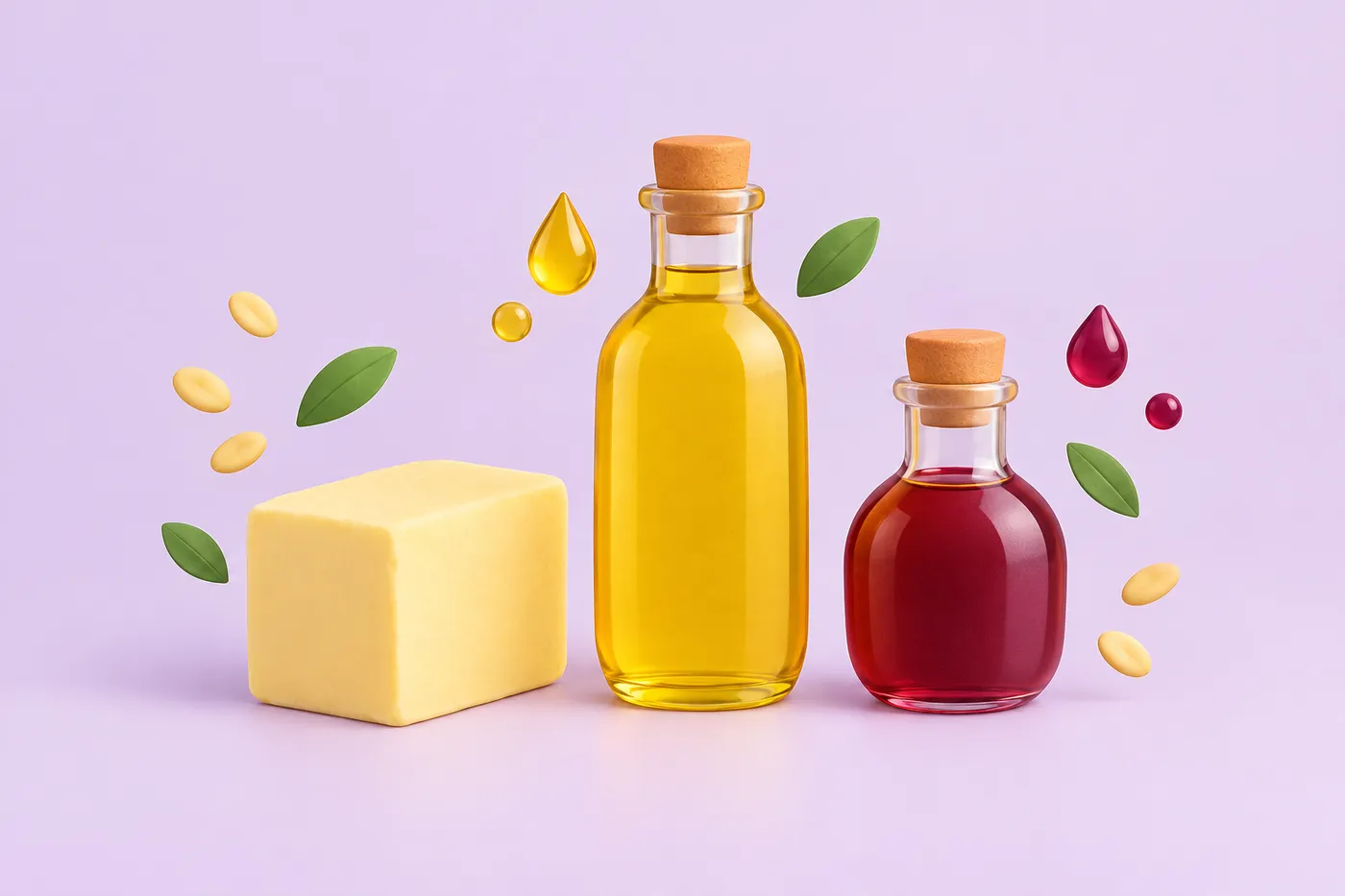 Butter, golden palm oil and deep red palm oil arranged side by side
