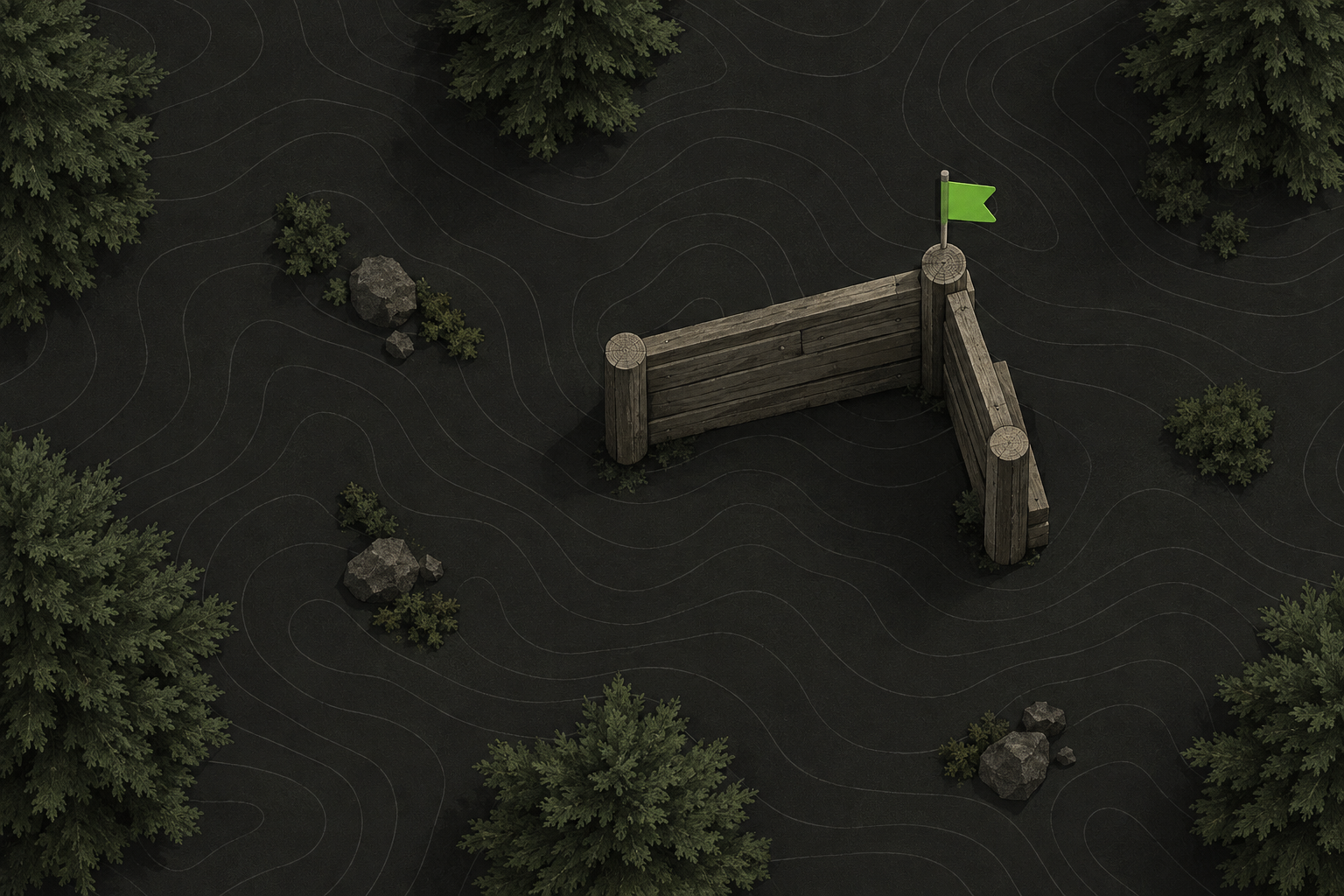 A wooden barricade in a wood with a small green marker flag