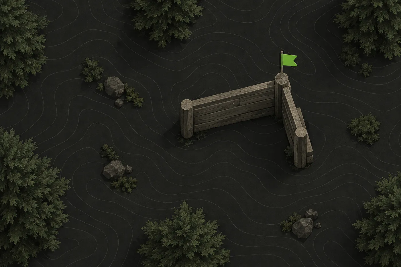 A wooden barricade in a wood with a small green marker flag