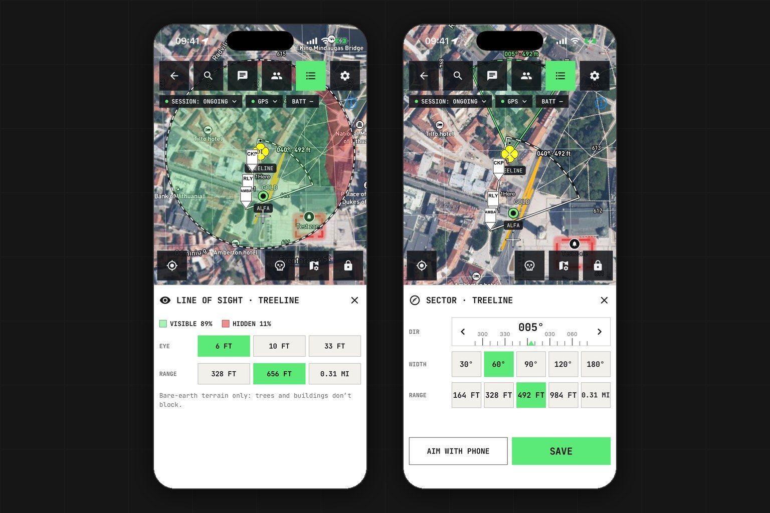 Line of sight from a marker shaded green and red, next to the sector editor