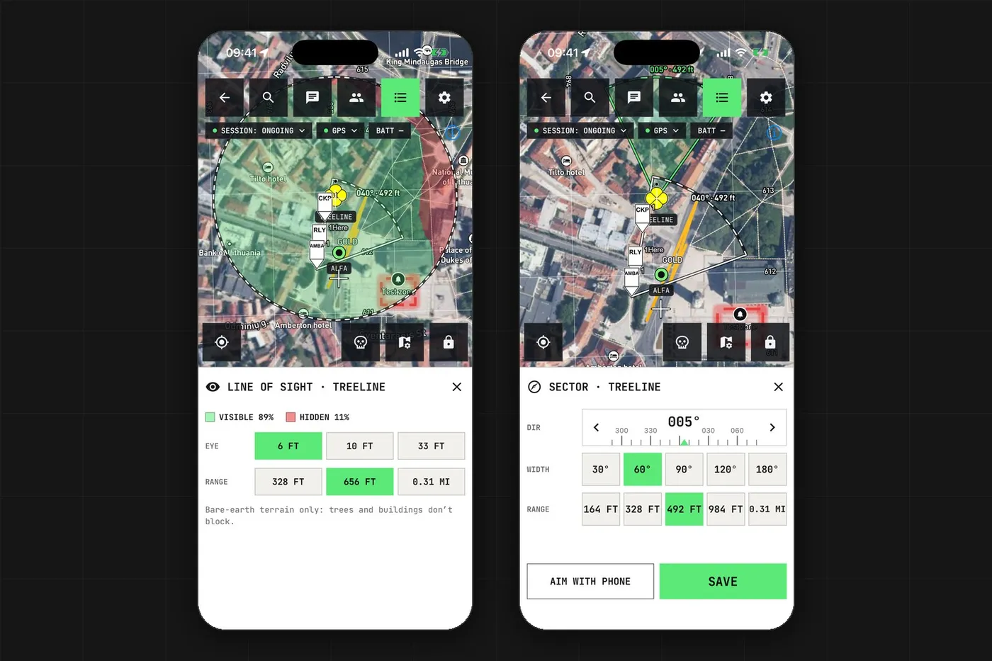 Line of sight from a marker shaded green and red, next to the sector editor