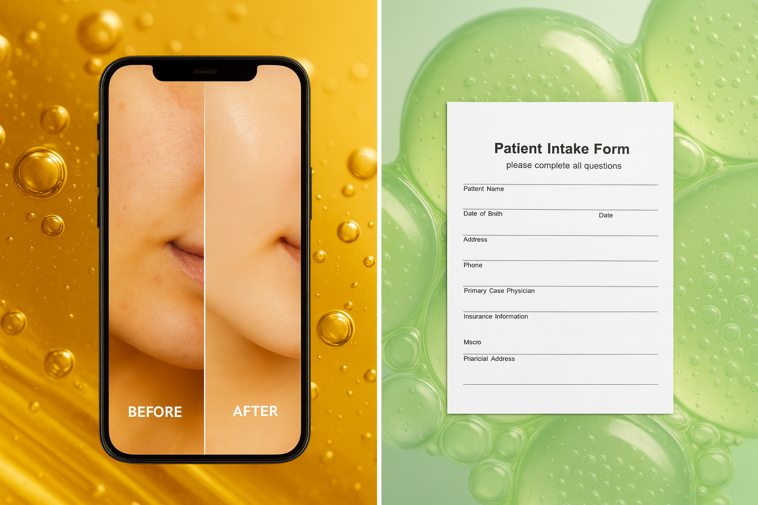 Illustration contrasting a social media before-and-after post with an empty clinical trial form