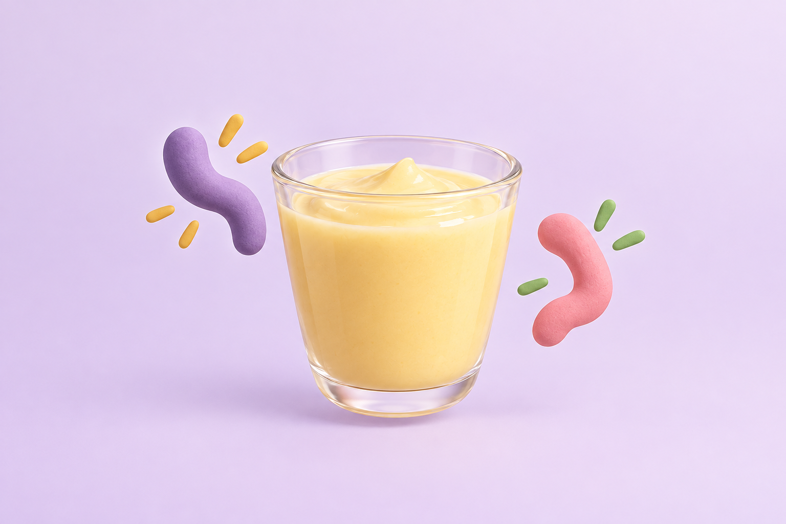 A pudding cup beside abstract squiggle shapes representing bacterial fermentation