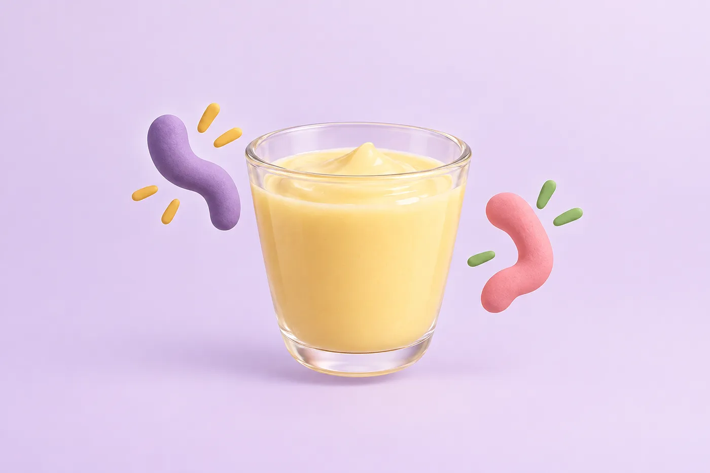 A pudding cup beside abstract squiggle shapes representing bacterial fermentation