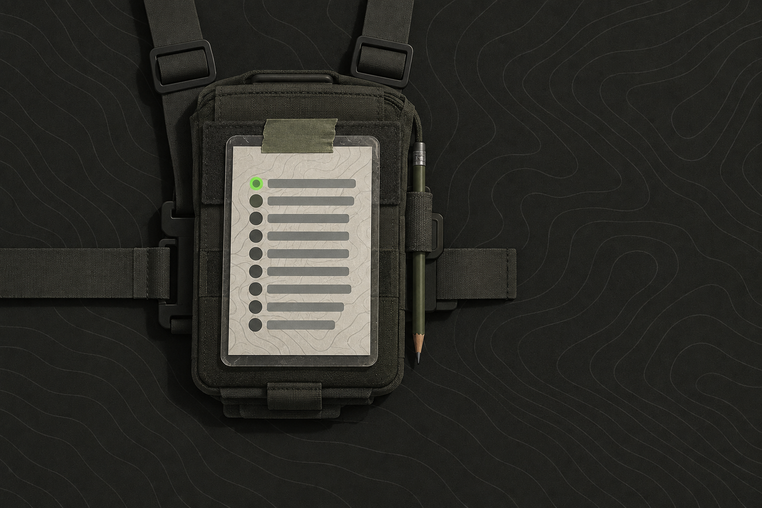 A laminated call sign roster taped to a chest rig radio pouch