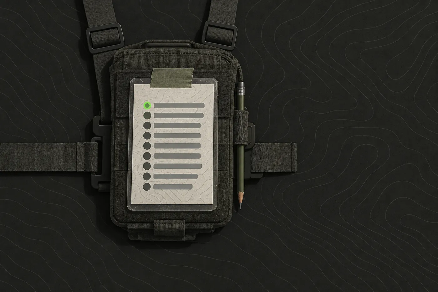 A laminated call sign roster taped to a chest rig radio pouch