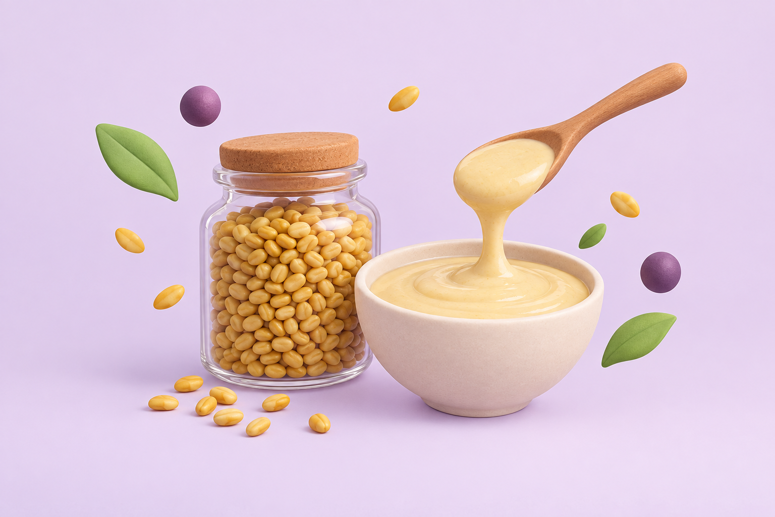 Guar bean seeds in a glass jar next to a spoon lifting a thickened sauce