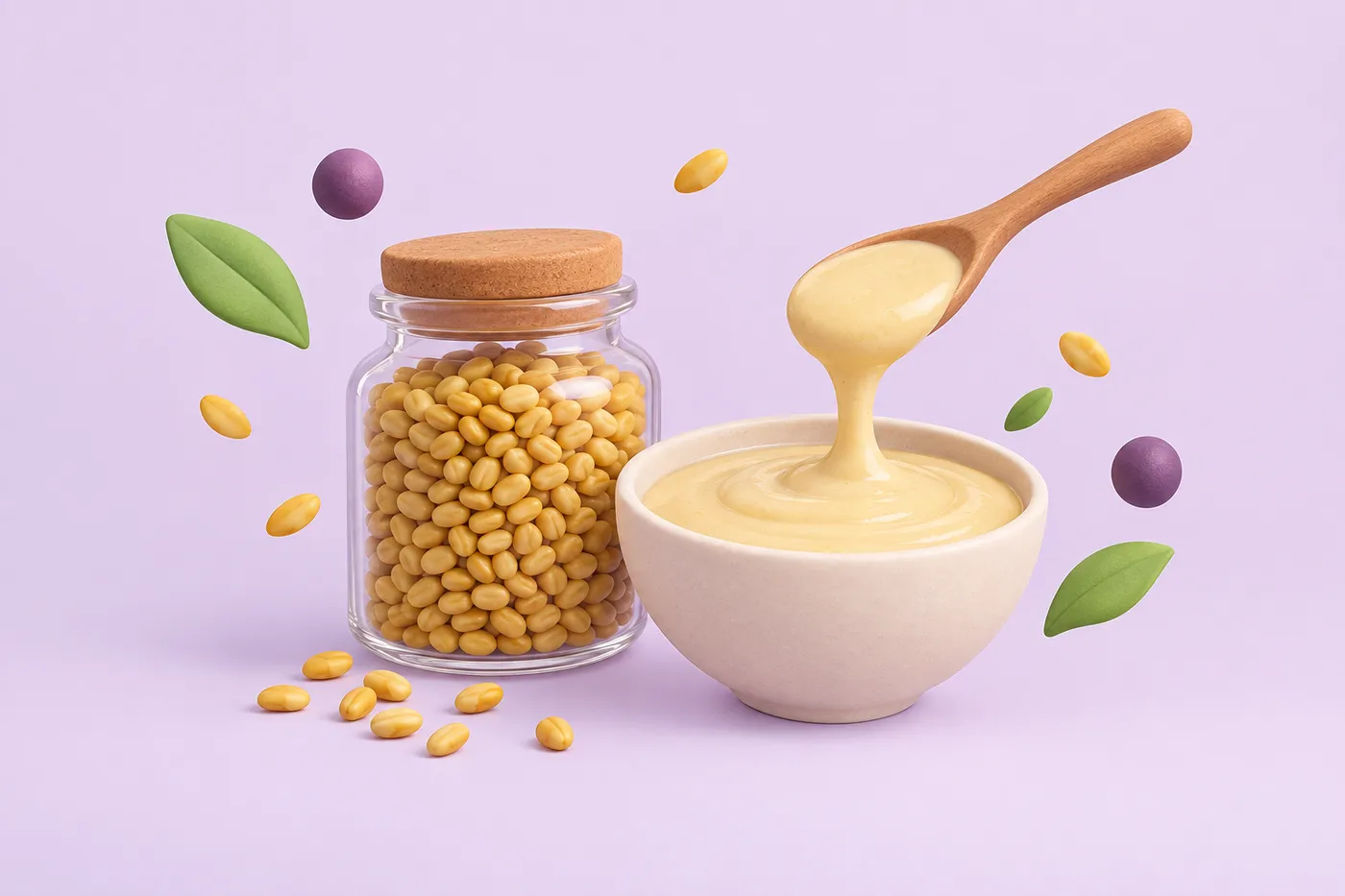 Guar bean seeds in a glass jar next to a spoon lifting a thickened sauce