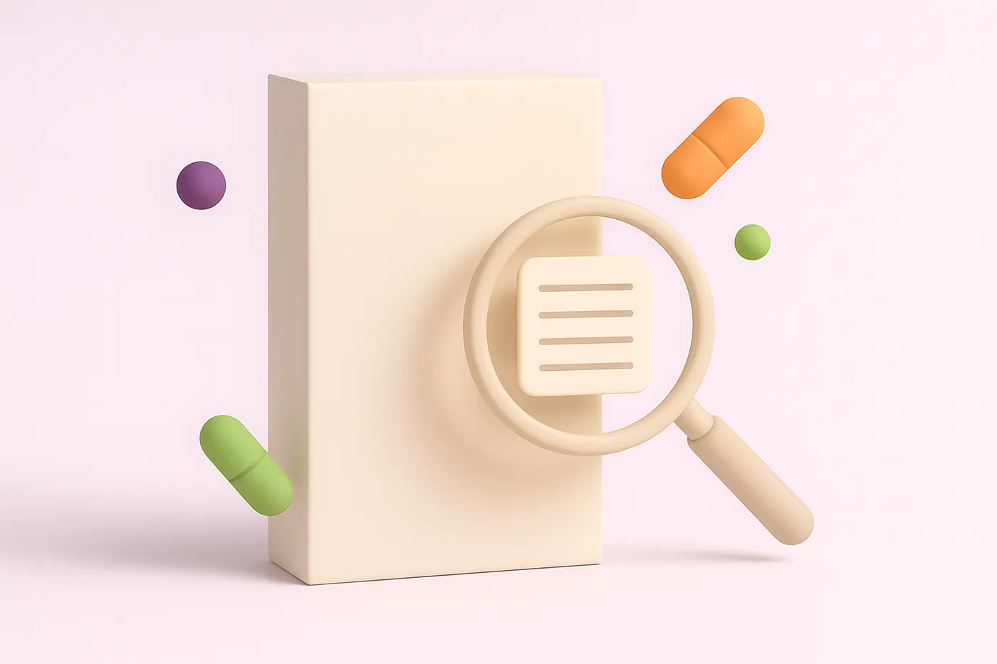 A plain cereal box seen through a magnifying lens with additive capsules beside it
