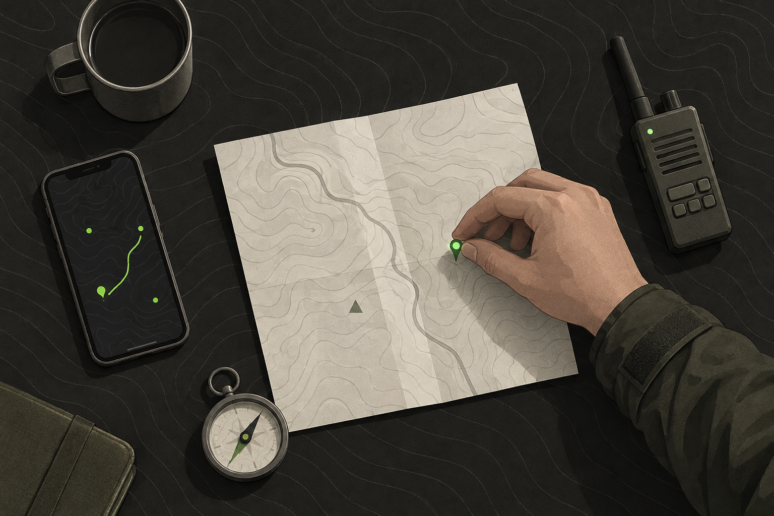 A hand placing a marker pin into a printed paper map