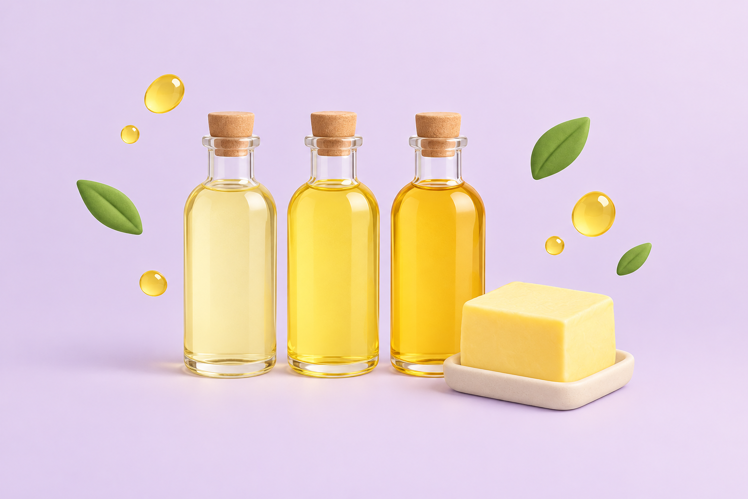 Three unlabeled bottles of pale yellow oil next to a block of butter