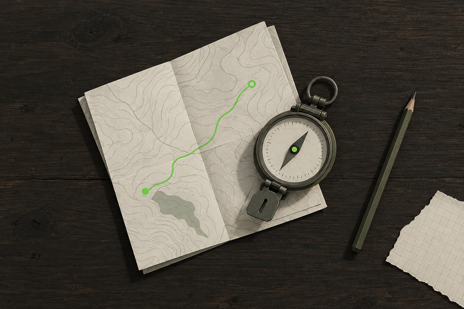 A baseplate compass and pencil resting on a folded paper map