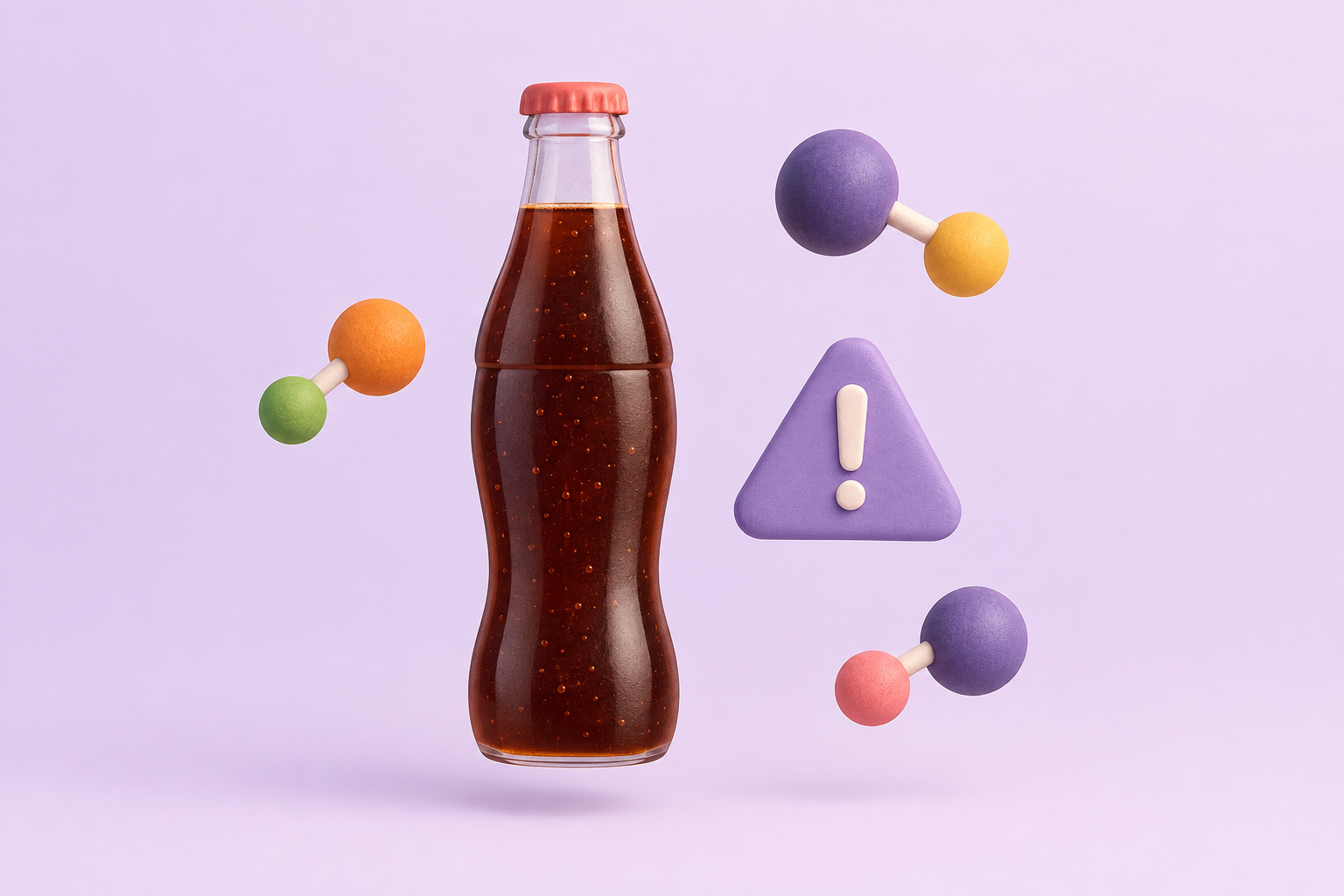 A dark cola bottle beside an abstract warning symbol and floating molecule shapes