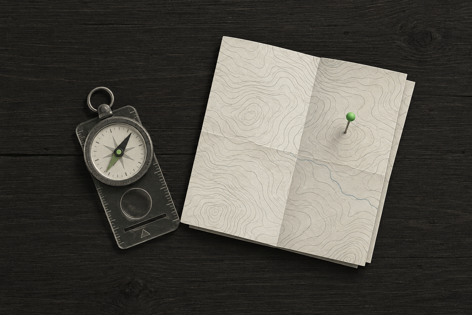 A folded paper topographic map and a compass, with a single green marker on one point