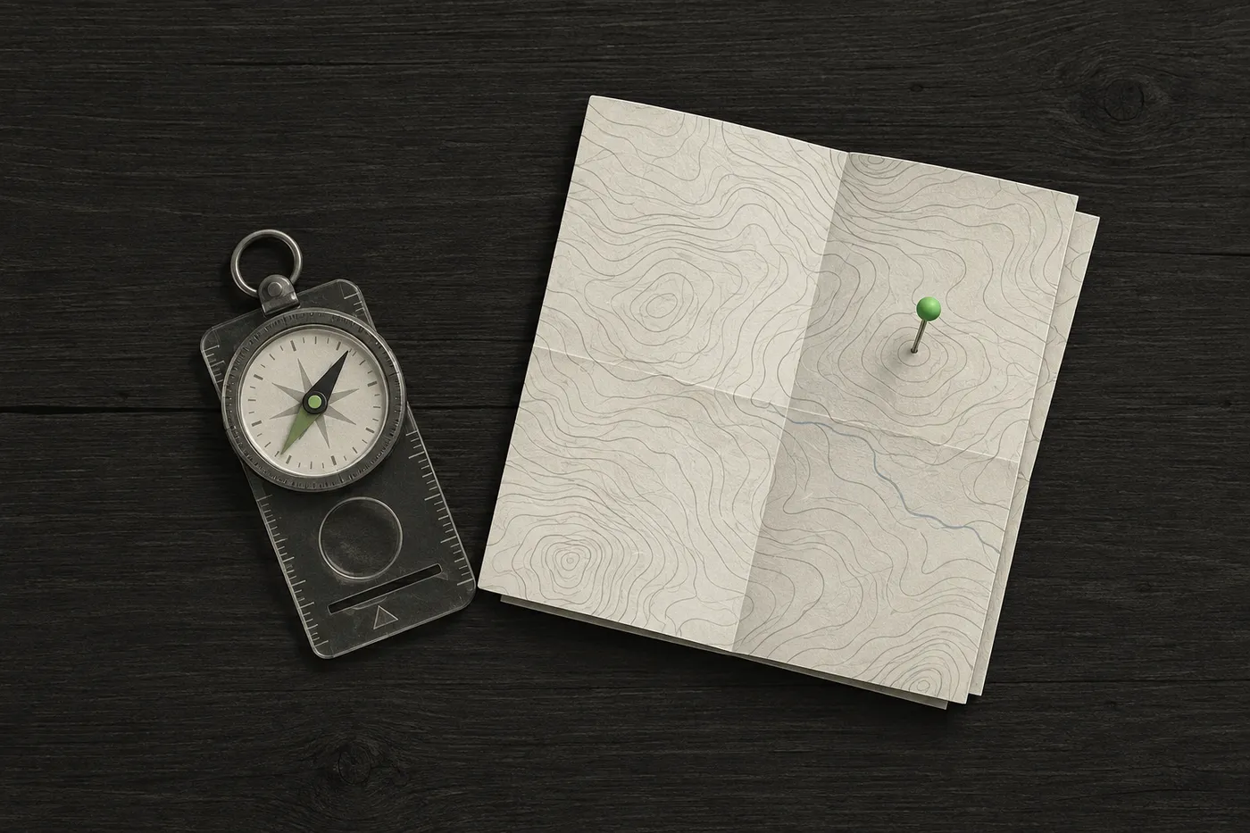 A folded paper topographic map and a compass, with a single green marker on one point