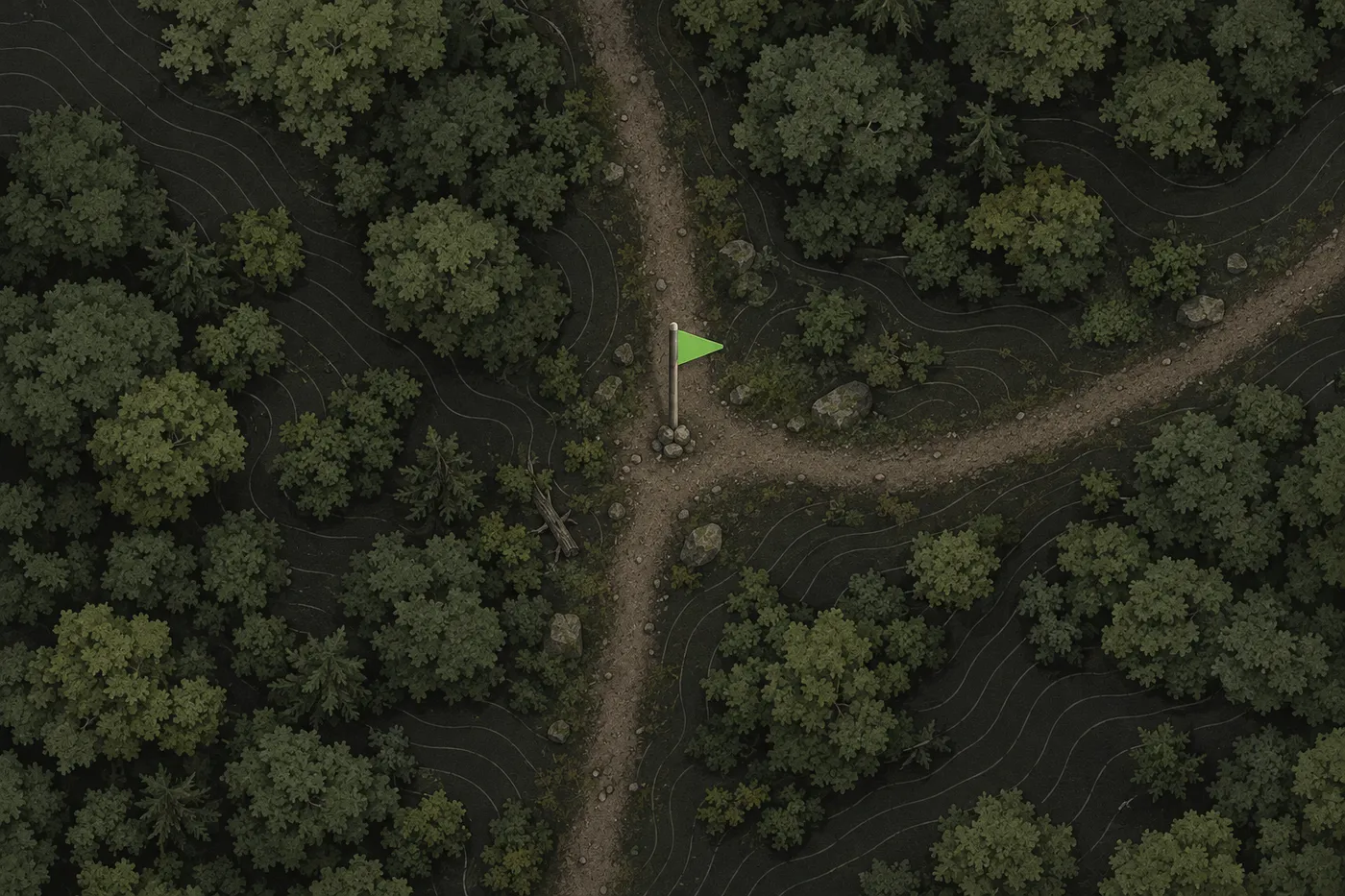 A green trail marker flag at a junction of a dirt path in the woods