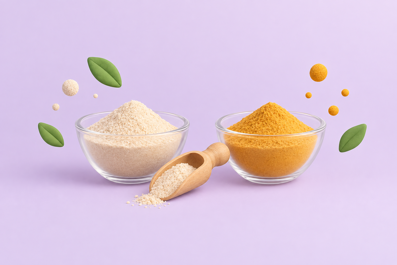 Two bowls of powder, one beige and one golden, side by side with a wooden scoop