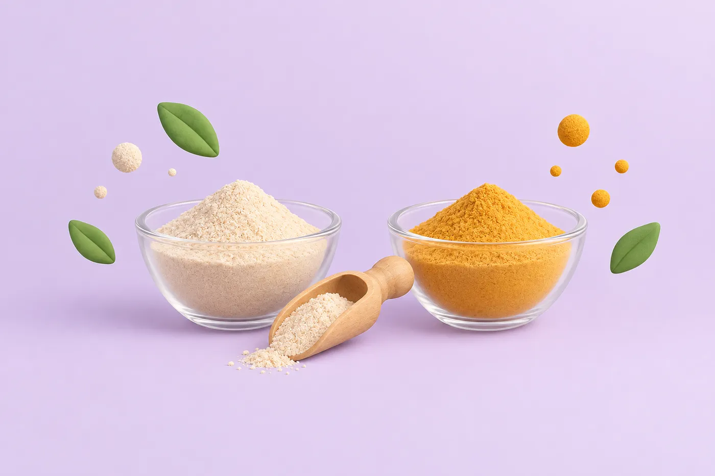 Two bowls of powder, one beige and one golden, side by side with a wooden scoop