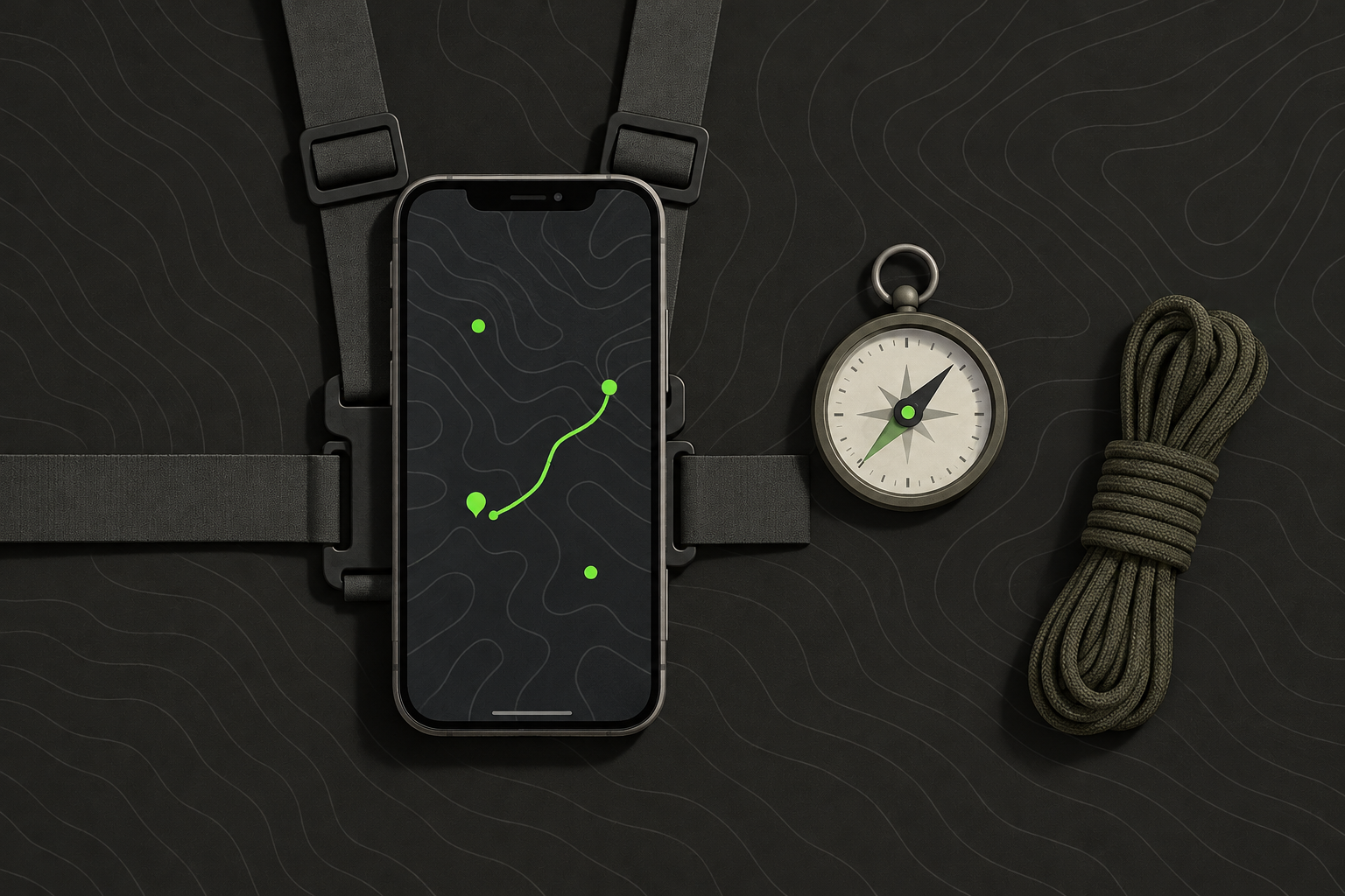A phone on a chest rig showing colour-coded squad markers on a map, beside a compass
