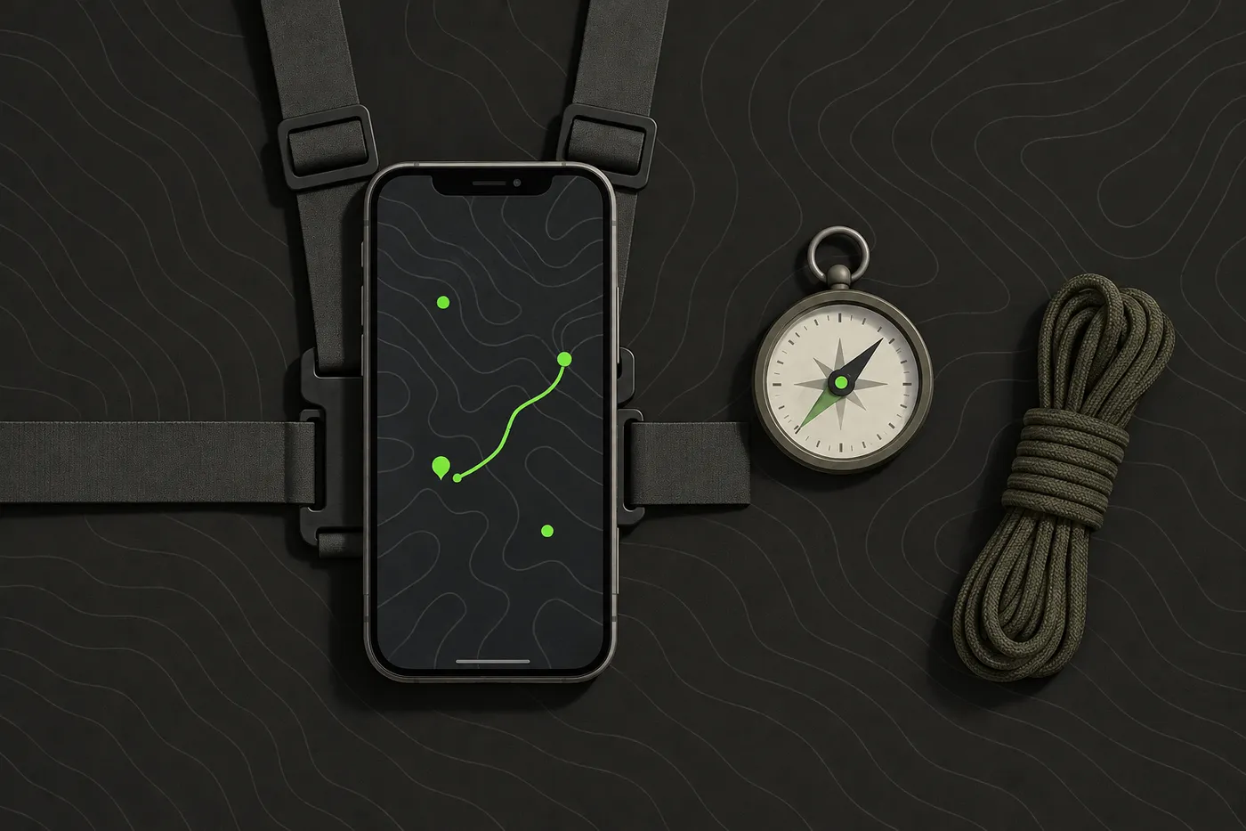 A phone on a chest rig showing colour-coded squad markers on a map, beside a compass