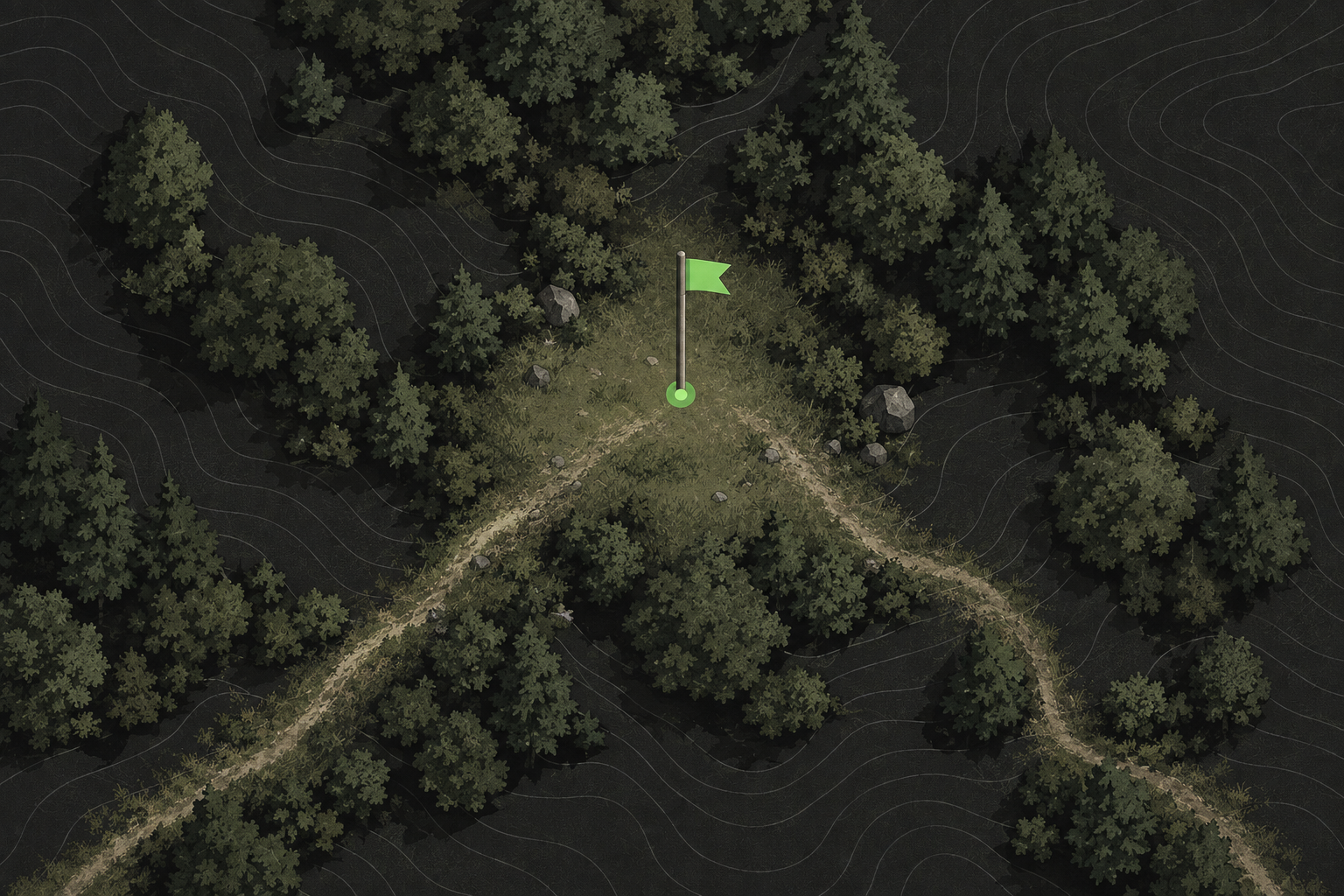 A green flag on a pole in a woodland clearing with paths leading to it